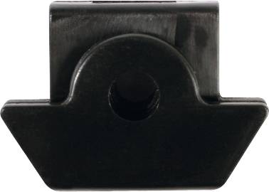 A black plastic component in an arrow shape with a central hole. It appears to be a fastening element or connecting piece.