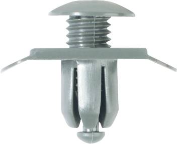 Plastic mounting clip in grey with mushroom head and spreading feet, suitable for secure and concealed fastenings in various applications.