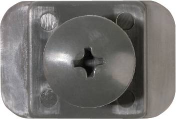 A grey plastic connection with a cross-shaped opening in the centre, surrounded by a rectangular base with rounded corners.