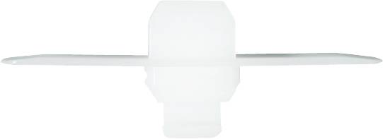 Plastic packaging holder in white with two symmetrical wings and a central connecting section.