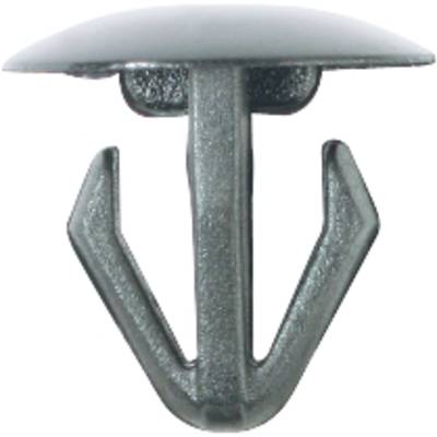 Grey plastic clip with two wide, curved hooks for fastening, top view.