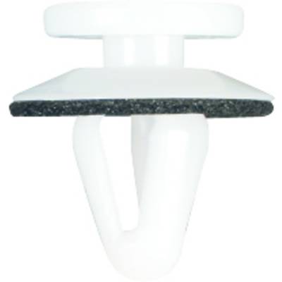 A white plastic push clip with foam padding, used for fastening parts, most likely in the automotive sector.
