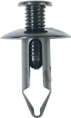 A black plastic clip used for securing trim or panels. It has a wide head at the top and a pointed fixing pin at the bottom.