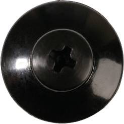 A black round-headed wood screw with a cross-head, shown from a bird's-eye view.