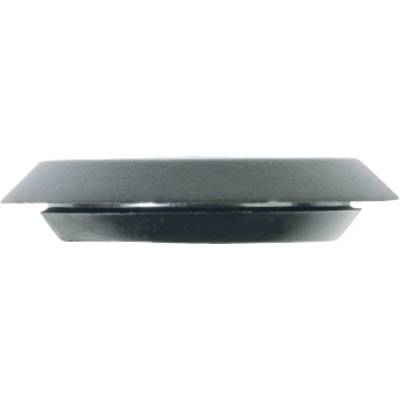 Black metal cap, viewed from the side. Flat on top and with a slightly tapered edge at the bottom. Used for sealing or covering.