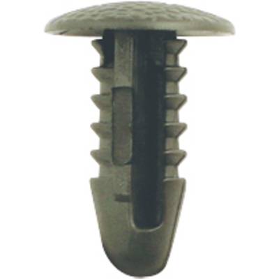 Black plastic wall plug with ribbed sides and a flat, wide head, used for securely fastening materials.
