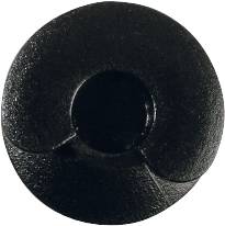 A black, round, smooth button or dial shape with an indentation in the centre.