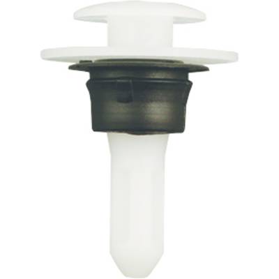 A white and black plastic cap with a ribbed design, likely a sealing or closure element for tubes or bottles.