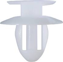 A white plastic clip, commonly used for securing trim or covers in vehicles or electronic devices.