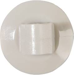 A white, circular button with a raised, rectangular protrusion in the centre.