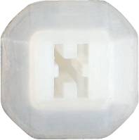 A white hexagonal cube with a letter 'H' punched out in the centre.
