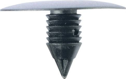 A black plastic wall plug with a sharp point and flat head surface, suitable for fixing materials to surfaces.