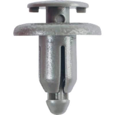 Plastic clip in grey for securing trimmings, with two extendable wings for secure fastening.