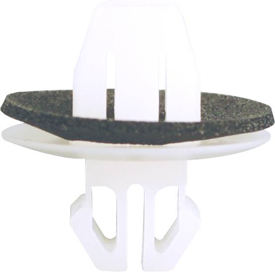 A white plastic clip with a black felt ring, used for securing trim components in a motor vehicle.