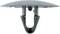 A black plastic clip in profile view with a round head at the top and a hook at the bottom; often used for fastening.