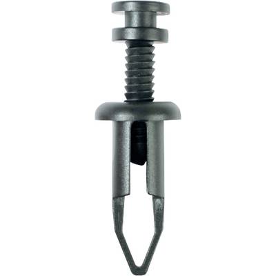 A black plastic split rivet with a ribbed shaft and a conical head for securing components.
