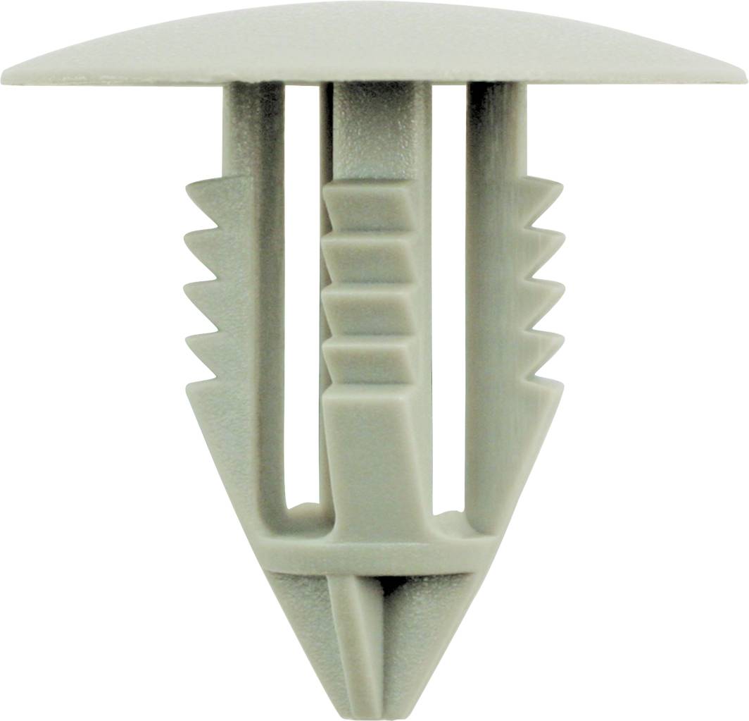 Grey plastic wall plug with ribbed structure for wall mounting.