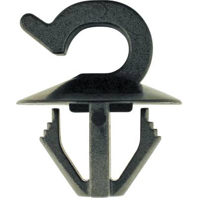 Plastic clip with hook, suitable for fastening materials, has two gripping arms and a flat base.
