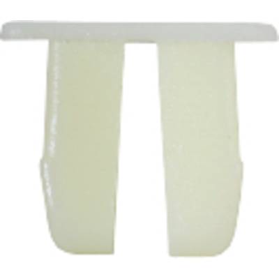 White plastic clip with two parallel slots. Used for securing materials or cables.