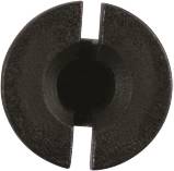 'Circular black metal component with a central opening and two opposite, rounded notches.'