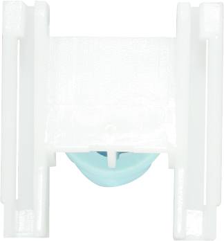 A white plastic part with a blue roller in the centre, likely part of a furniture or device component system.