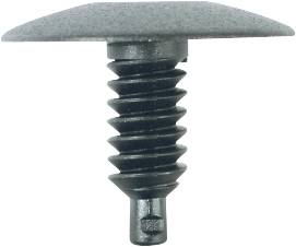 Plastic clip screw with a wide head and ridged threading for fastening, against a white background.