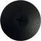 Black button with two cross-shaped holes, slightly domed.