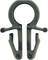 A black plastic holder with a circular upper section and two hooks at the bottom, likely used for securing cables or hoses.