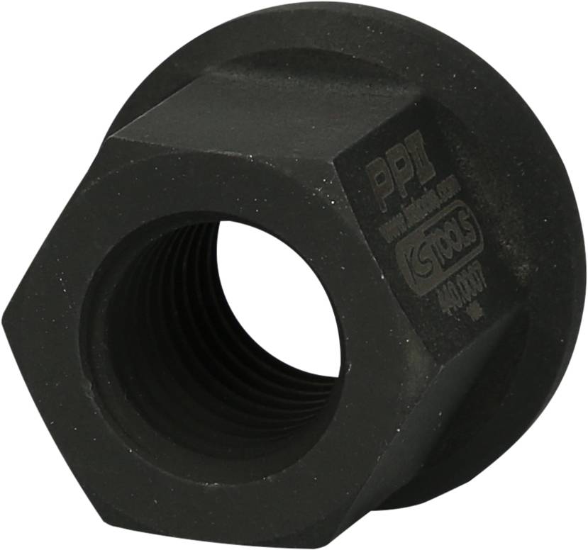 Black, six-sided nut with internal thread, with the brand name embossed on it. Suitable for mechanical fastenings.