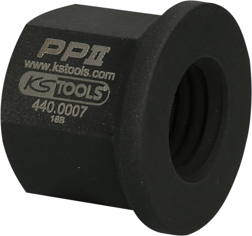 Black hexagonal special nut with the inscription 'PPT KS Tools 440.007'. Tool accessory.