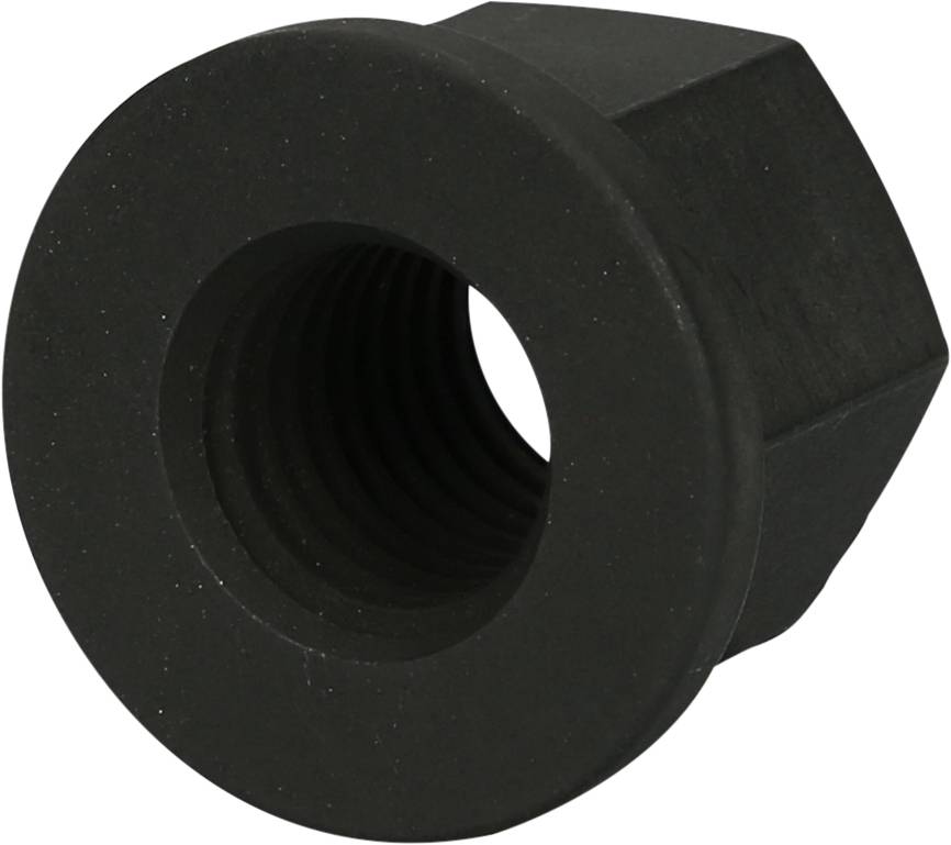 A black hexagonal nut with a threaded opening, shown slightly turned to the side.