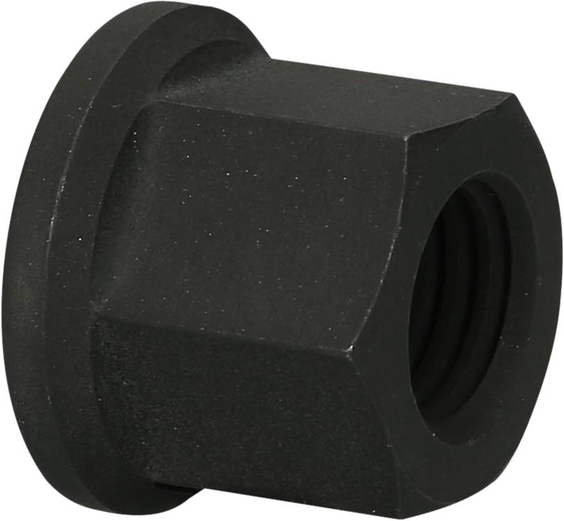 Black hexagonal nut with a wide base on a white background.