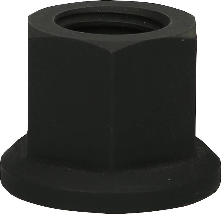 Black hexagonal nut with wide base, suitable for technical applications or fastening purposes.