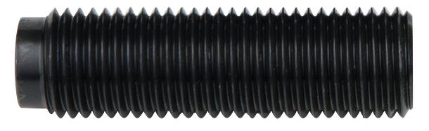 Cylindrical, black metal component with uniform grooves, potentially a machine part or a fastening element.
