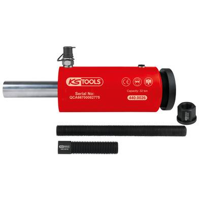 Red hydraulic cylinder with a capacity marking of 32 tonnes, serial number, CE and GS marks. Accessory parts are visible.