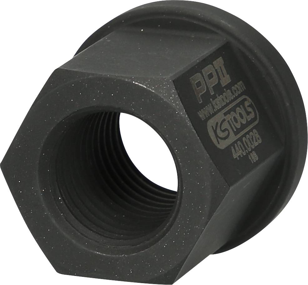 Black hexagonal socket wrench with internal thread, marked with 'PP II', 'KS Tools', and '440.0026'. Tool for mechanical work.