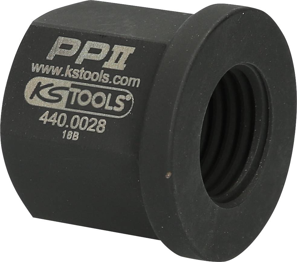 A black KS Tools nut-splitting socket with the inscription 'PP II', 'www.kstools.com', model number '440.0028 18B'.