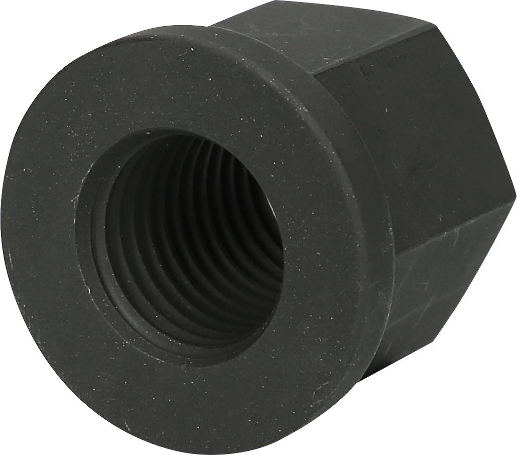 Hexagonal black wheel nut.