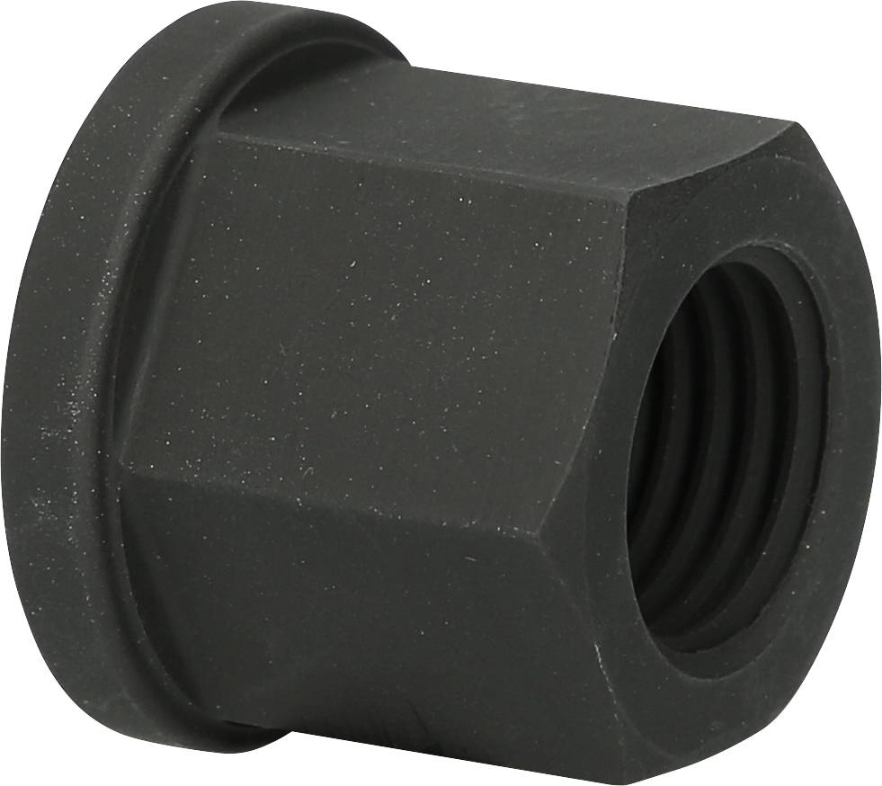 A black hexagonal nut with flat sides and internal threading, used for securing bolts in mechanical applications.