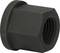 A black hexagonal nut with flat sides and internal threading, used for securing bolts in mechanical applications.