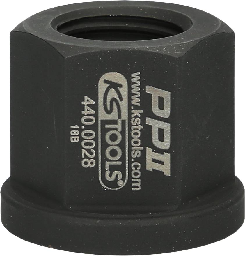 Black hexagonal nut with the inscription 'KS Tools 440.0028' and 'PP II'. Brand name and article number visible.