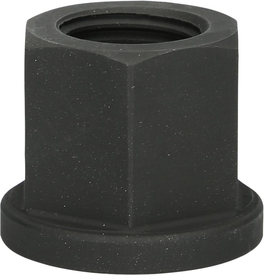 Black hexagonal flange nut with internal thread, suitable for securing onto bolts or screws in mechanical applications.
