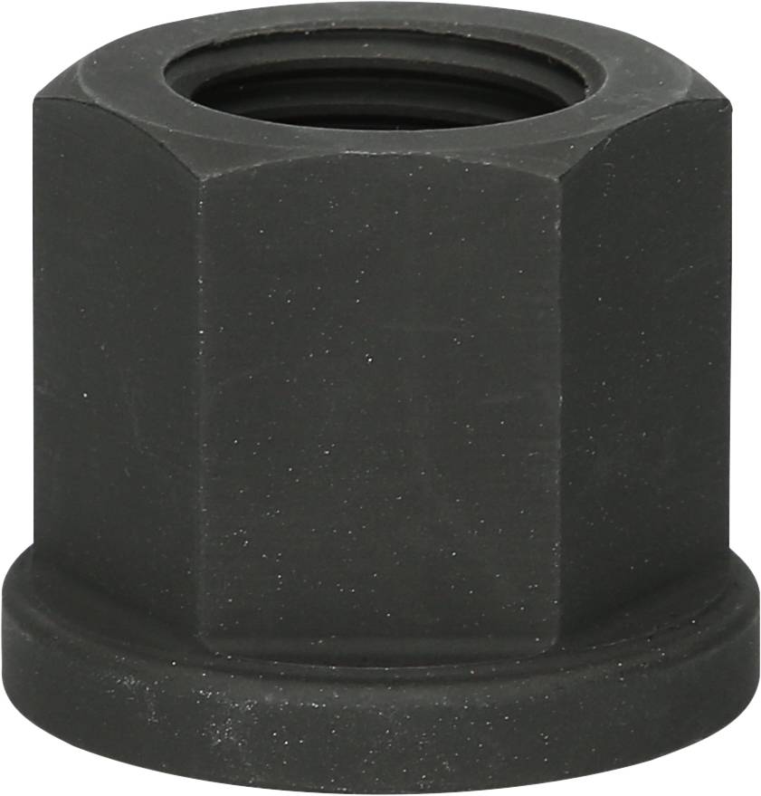 Black hexagonal nut with a flat edge, close-up view from above.