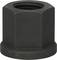 Black hexagonal nut with a flat edge, close-up view from above.