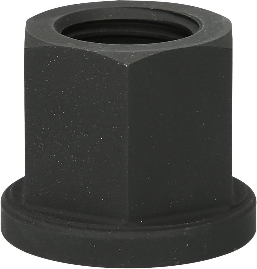 Black, six-sided hexagonal nut with a flat base, used for securely fastening screws or bolts.