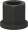 Black, six-sided hexagonal nut with a flat base, used for securely fastening screws or bolts.