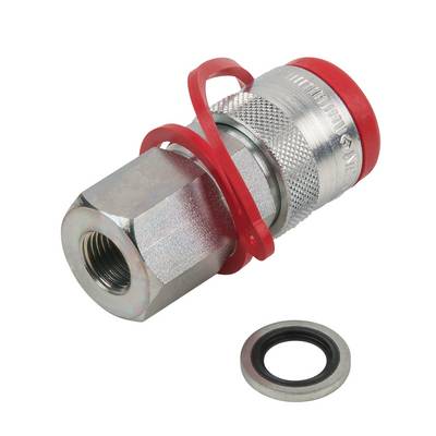 Hydraulic coupling with red protective ring and separate seal. Made from robust metal, suitable for industrial applications.