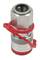 Metallic quick-release connector with red safety clip for industrial applications.