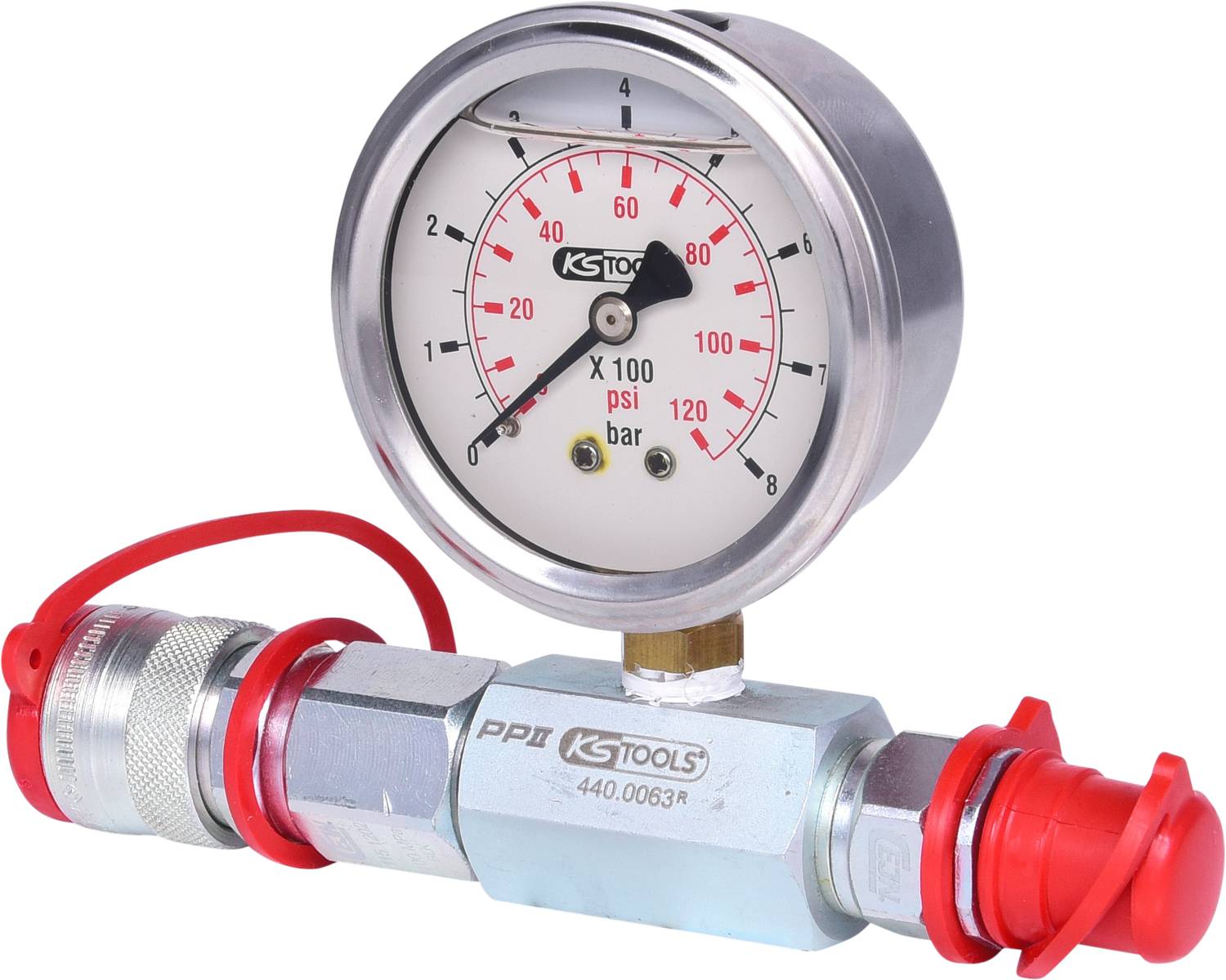 'Pressure gauge with scale in psi and bar, mounted on a metal pipe with two red caps, brand KS Tools.'