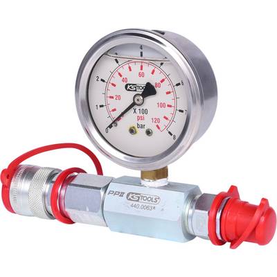 'Pressure gauge with scale in psi and bar, mounted on a metal pipe with two red caps, brand KS Tools.'